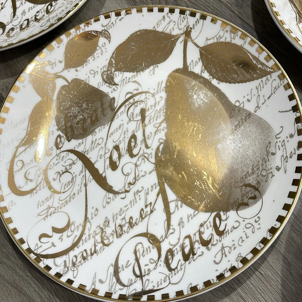 Restoration Hardware Christmas 8”Plates Holiday Gold Pear Noel Peace Set